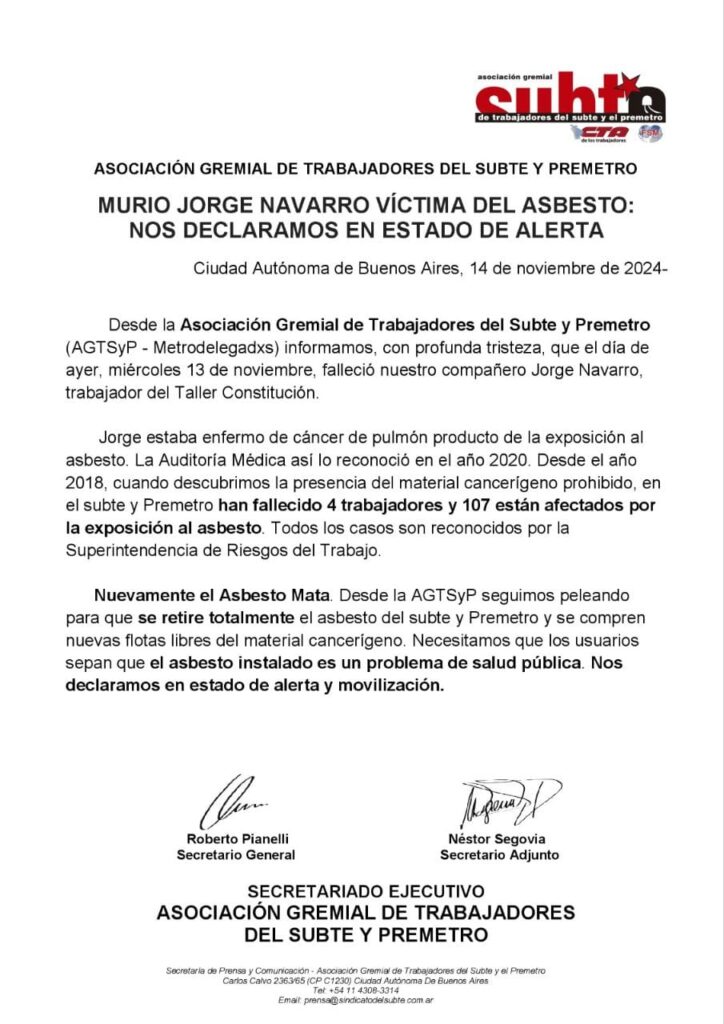 Otro trabajador del subte murió de cáncer por el asbesto usado en vagones comprados en tiempos de Macri